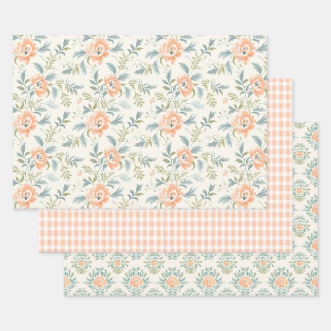 Peachy Blossoms Floral Gingham Wrapping Paper (Set)