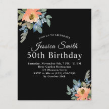 Peachy Blue Watercolor Floral birthday invitation 
