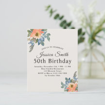 Peachy Blue Watercolor Floral birthday invitation 