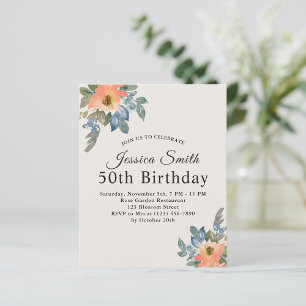 Peachy Blue Watercolor Floral birthday invitation 