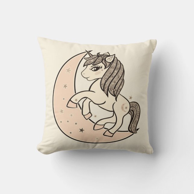 Peachy Blush Pink Celestial Moon & Stars Unicorn Cushion (Front)