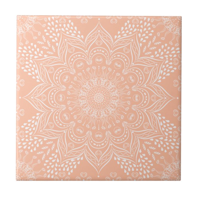 Peachy Boho Mandala Ceramic Tile (Front)