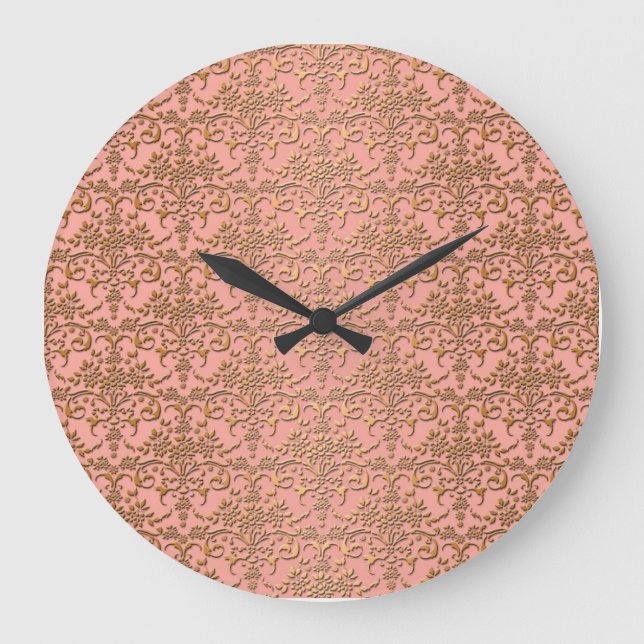 Peachy Coral and Gold Damask Pattern Large Clock (Front)