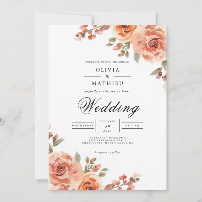 Peachy Coral Bloom Botanical Wedding Invitation (Front)