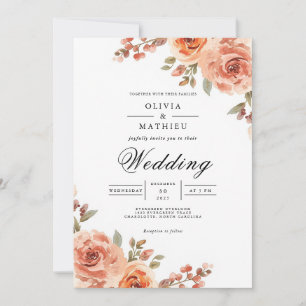 Peachy Coral Bloom Botanical Wedding Invitation