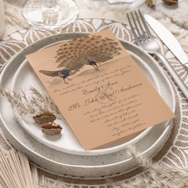 Peachy Coral Peacock Wedding Invitations (Creator Uploaded)