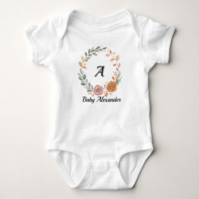 Peachy Coral Rose Wreath Personalised Name  Baby Bodysuit (Front)