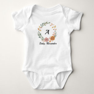 Peachy Coral Rose Wreath Personalised Name Baby Bodysuit