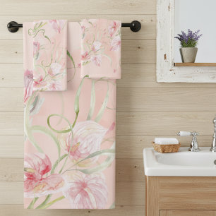 Peachy Elegance: Blooming Pink Peace Lilies Bath Towel Set