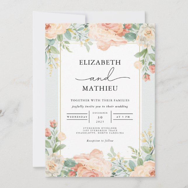Peachy Floral Flourish Wedding Invitation (Front)