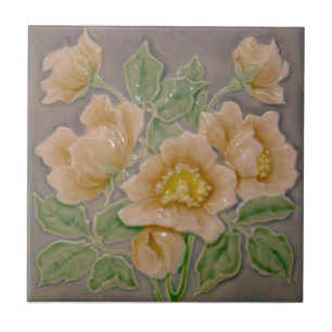 Peachy Floral Majolica Faux Relief c1900 Repro Ceramic Tile