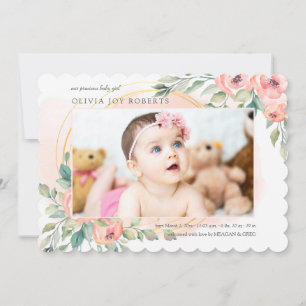 Peachy Floral Photo Birth Announcement
