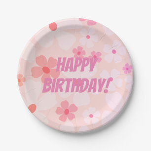 Peachy Happy Birthday Pink Peach Flower Power Paper Plate