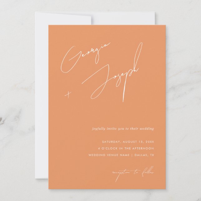 Peachy Orange | Script Photo QR Code Wedding Invitation (Front)