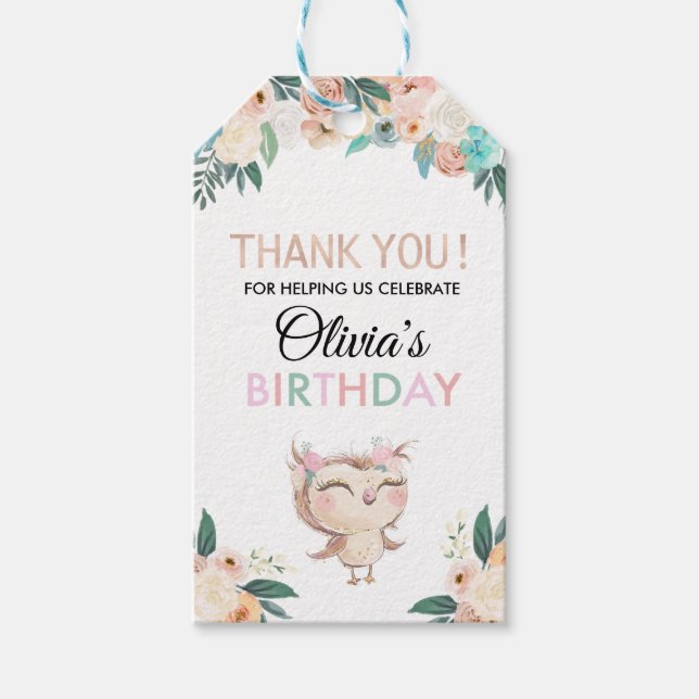 Peachy Owl Birthday Favour Tag (Front)