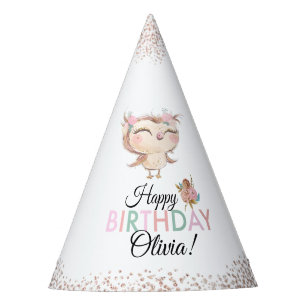 Peachy Owl Faux Glitter Birthday Hat