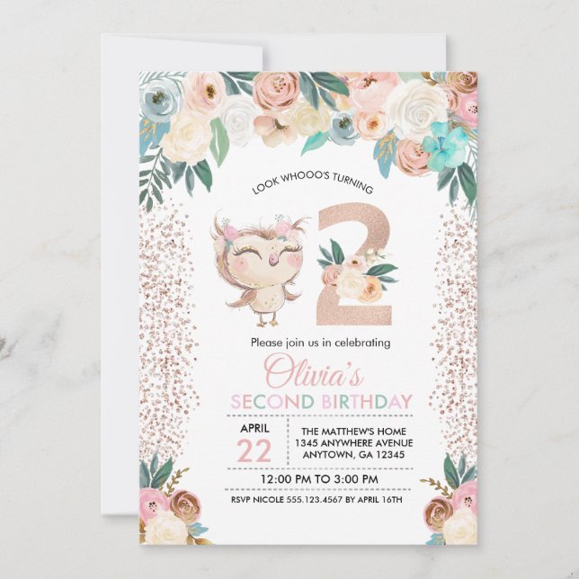 Peachy Owl Second Birthday Invitation (Front)