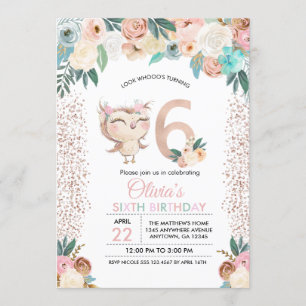Peachy Owl Sixth Birthday Invitation