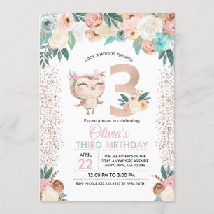 Peachy Owl Third Birthday Invitation