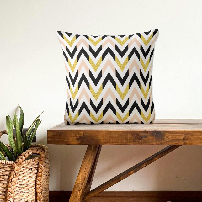 Peachy Pink, Black, Gold & White Chevron Stripes Cushion (Creator Uploaded)