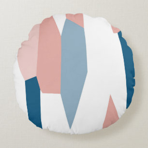 Peachy Pink Blue and White Abstract Round Cushion