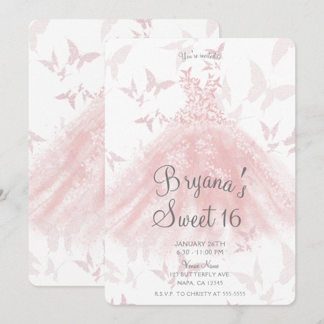 Peachy Pink Butterfly Dance Dress Sweet 16 Party  Invitation (Front/Back)
