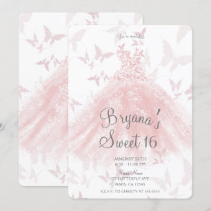 Peachy Pink Butterfly Dance Dress Sweet 16 Party  Invitation