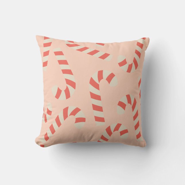Peachy Pink Christmas Candy Canes Cushion (Front)