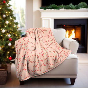 Peachy Pink Christmas Candy Canes Fleece Blanket