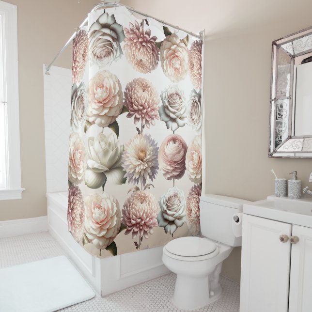 Peachy Pink Creamy White Flowers Floral  Shower Curtain (In Situ)