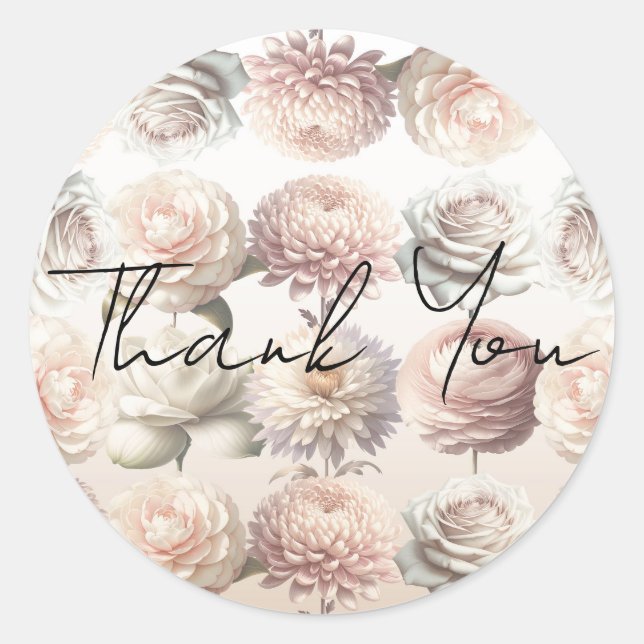 Peachy Pink Creamy White Flowers Floral Wedding Classic Round Sticker (Front)