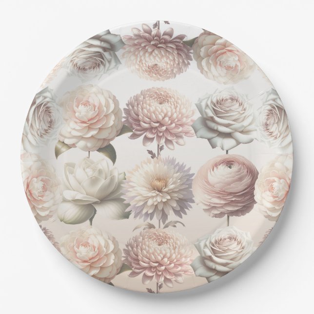 Peachy Pink Creamy White Flowers Floral Wedding Paper Plate (Front)
