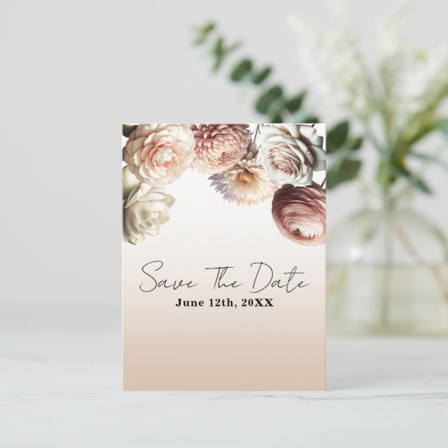 Peachy Pink Creamy White Flowers Save the Date  Announcement Postcard (Standing Front)