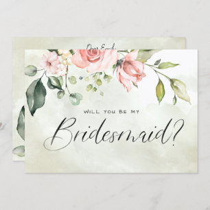 Peachy Pink Floral Watercolor Script Bridesmaid Invitation