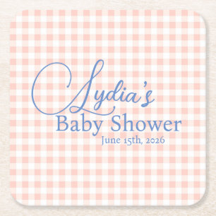 Peachy PInk Gingham Check Peel and Stick Wallpaper Square Paper Coaster