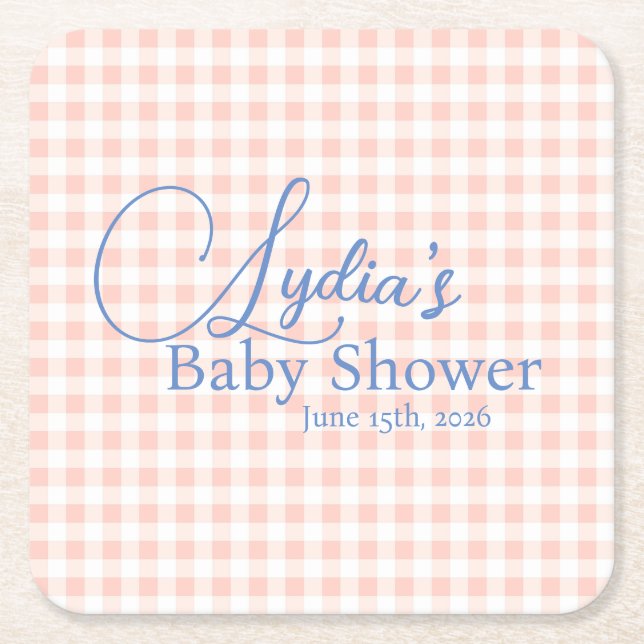 Peachy PInk Gingham Check Peel and Stick Wallpaper Square Paper Coaster (Front)