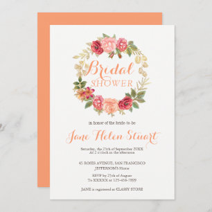 Peachy pink gold roses wreath chic bridal shower invitation