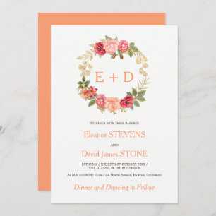 Peachy pink gold roses wreath wedding monogram invitation