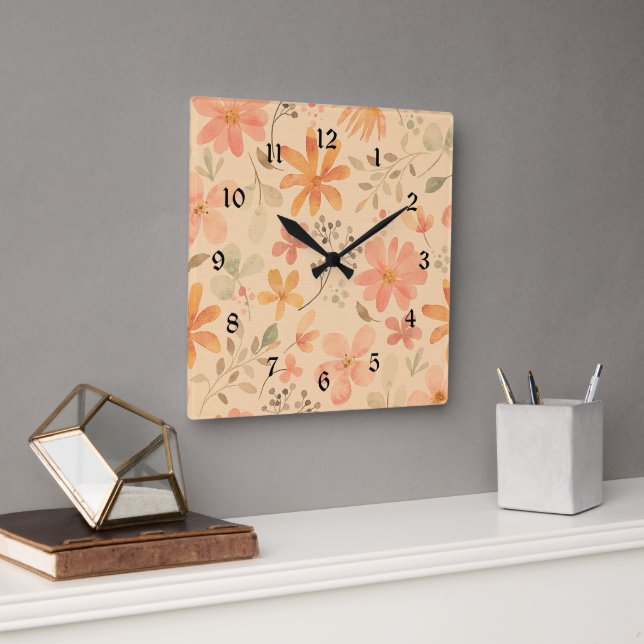 Peachy--pink golden floral pattern square wall clock (Office)