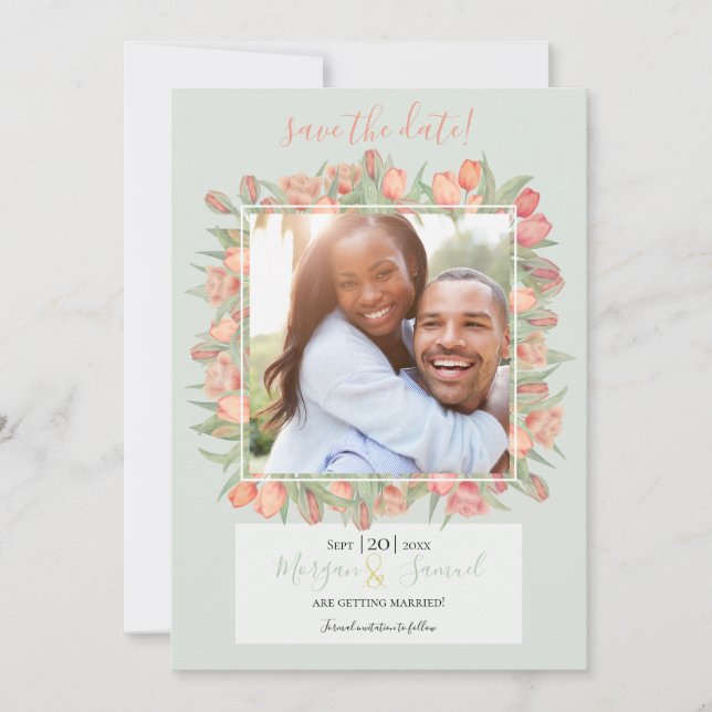 Peachy Pink & Mint Spring Tulips Save The Date (Front)