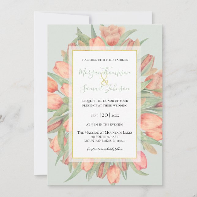 Peachy Pink & Mint Spring Tulips Wedding Invitation (Front)