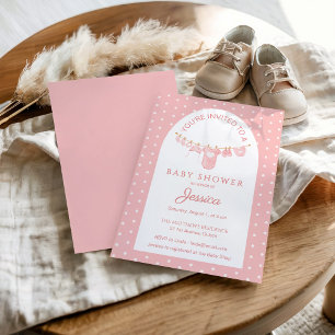 Peachy Pink Polka Dots Hanging Clothes Baby Shower Invitation