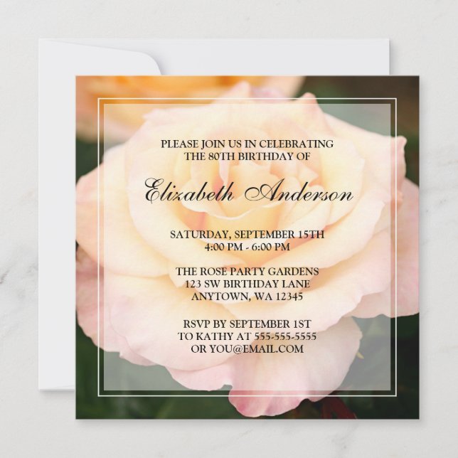 Peachy Pink Rose Flower 80th Birthday Party Invitation (Front)