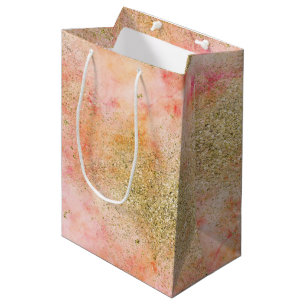 Peachy Pink Watercolor Gold Faux Glitter Medium Gift Bag