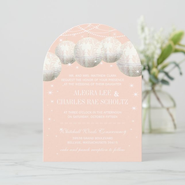 Peachy Rose Pink Star Lights Wedding Paper Lantern Invitation (Standing Front)