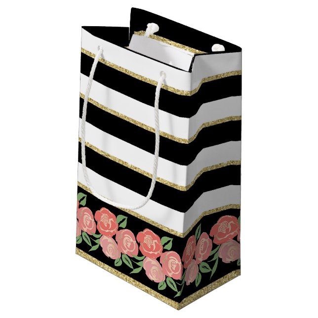 Peachy Roses on Black, White, Gold Gift Bag (Back Angled)
