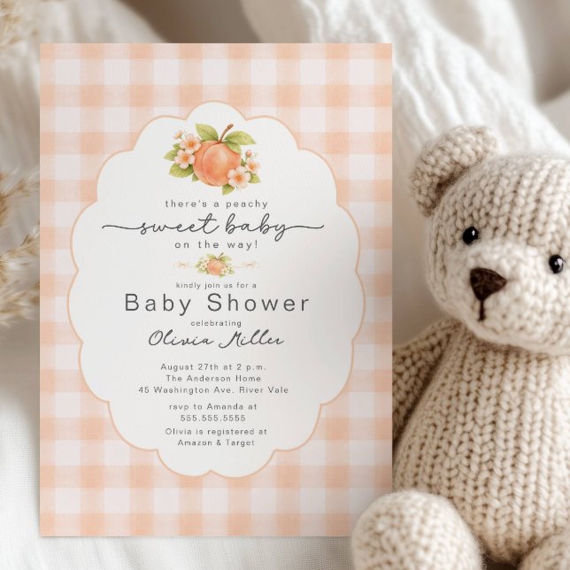 Peachy Sweet Baby Shower Gingham Invite (Creator Uploaded)