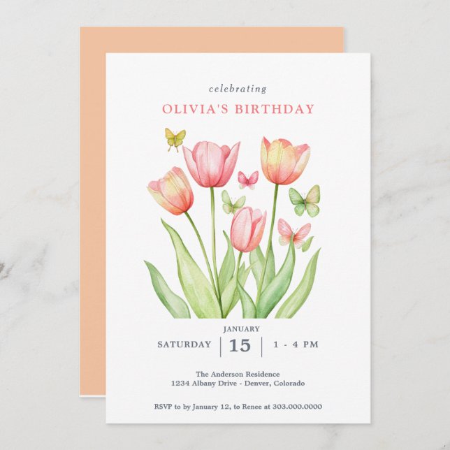 Peachy Watercolor Tulips Floral  Invitation (Front/Back)