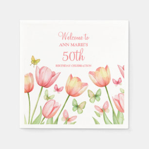 Peachy Watercolor Tulips Floral Napkin