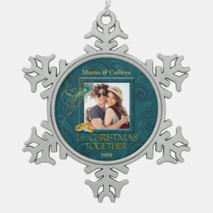 Peacock 1st Christmas Together Photo Snowflake Pewter Christmas Ornament